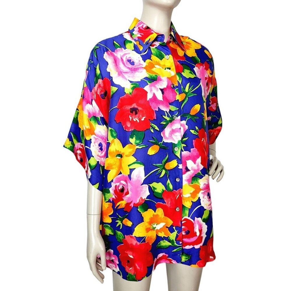 Vintage 80s 100% Silk Cottagecore Colorful Bold Floral Button-Down Blouse Large